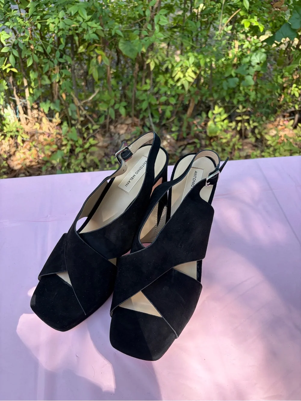 ANTONIO MELANI Black Suede Crisscross Slingback Platform Heels